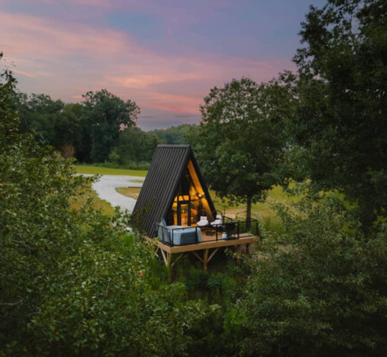 An A-frame cabin in the woods